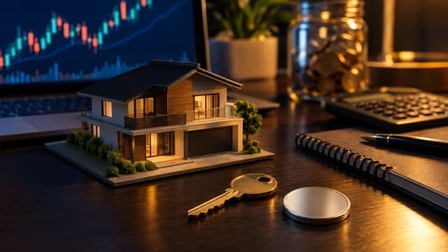Architectural model house, a key and an unmarked silver coin on a dark desk