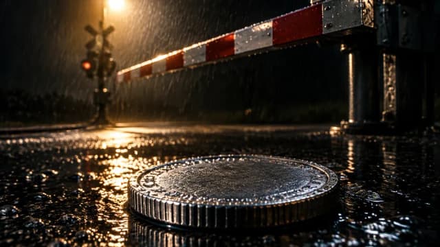 Sich schliessende Bahnschranke bei Nacht im Regen, davor eine schwere unbeschriftete Metallmuenze auf nassem Asphalt
