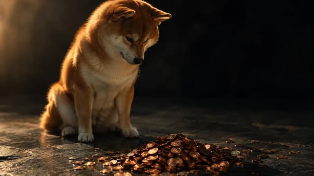 A Shiba Inu dog looking down at a pile of small copper coins on a dark stone floor