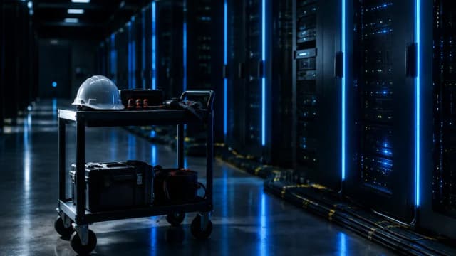Reihen von Serverschraenken in einem schwach beleuchteten Rechenzentrum, davor ein Rollwagen mit Werkzeug und Schutzhelm