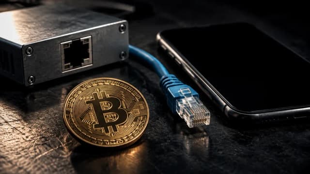 Hardware-Geraet und Smartphone auf einer dunklen Werkbank, daneben ein aus der Buchse gezogenes Netzwerkkabel und eine physische Muenze mit Bitcoin-Zeichen