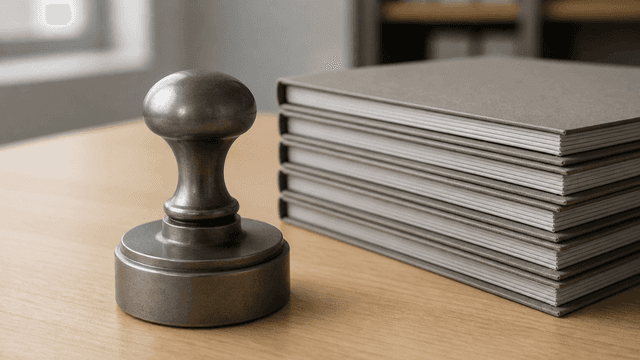 Metallener Praegestempel neben einem Stapel unbeschrifteter gebundener Akten auf einer hellen Holztischplatte