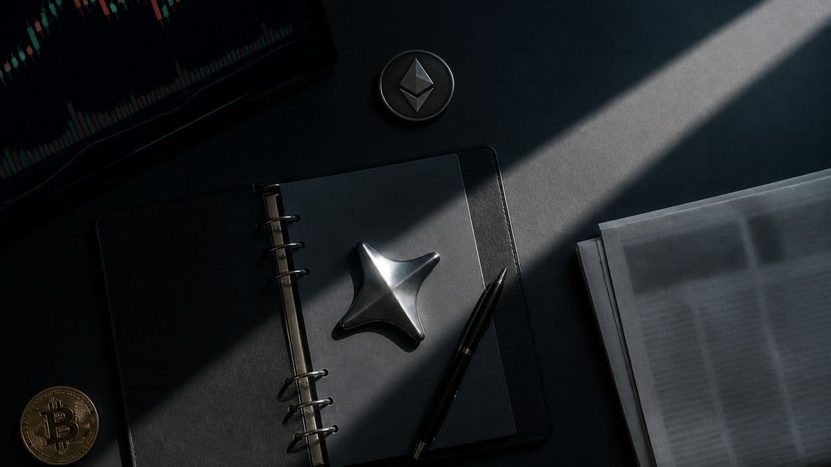 Objet en acier en forme d'étoile vu de dessus sur un classeur à anneaux ouvert, à côté de deux pièces aux symboles Bitcoin et Ethereum, d'un stylo et d'un journal plié