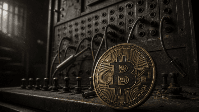 Altes manuelles Vermittlungs-Schaltpult im dunklen Kontrollraum mit gezogenen Steckern und erloschenen Leuchtanzeigen, davor eine schwere Metallmünze mit Bitcoin-Zeichen