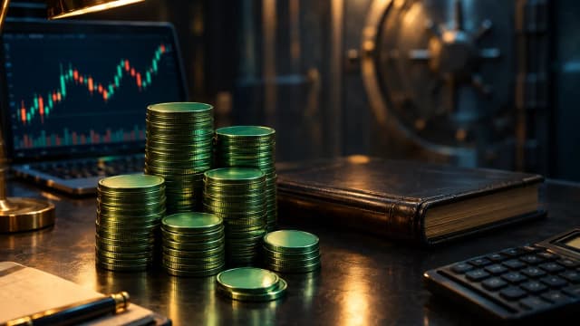 Tall stacks of green-tinted unmarked coins on a counting table under a lamp