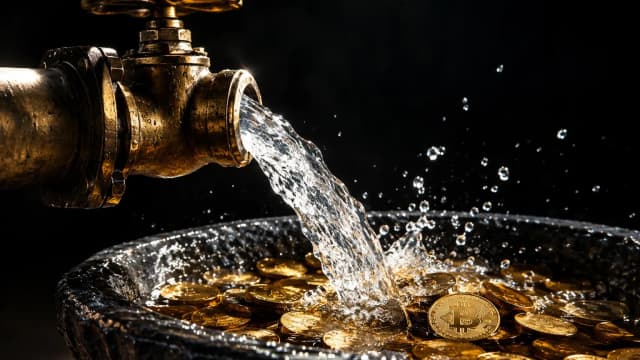A brass pipe pouring water into a stone basin filled with gold coins