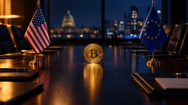 Negotiation table with US and EU desk flags and a gold Bitcoin coin in the centre