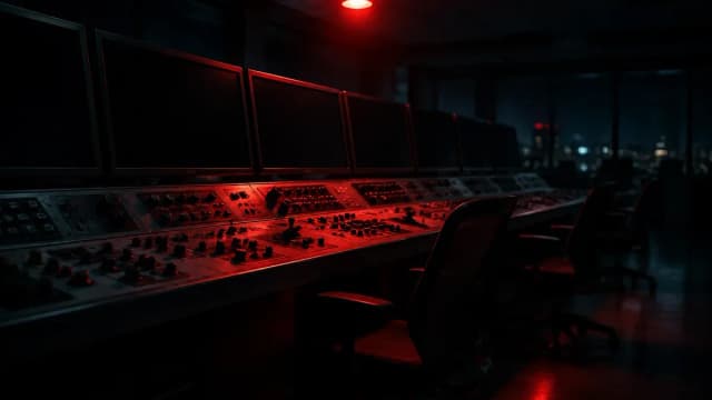 Verlassener Kontrollraum einer Handelsplattform bei Nacht, ein rotes Warnlicht über dem leeren Leitstandpult