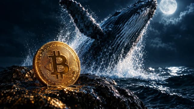 Whale breaching a dark ocean behind a gold Bitcoin coin on a wet rock