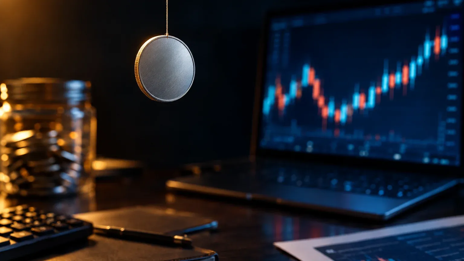 Unmarked silver coin hanging by a thin thread above a dark desk