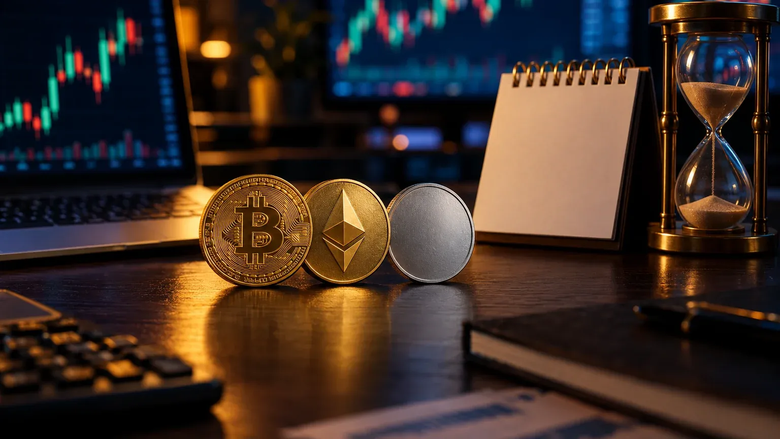 Gold Bitcoin and Ethereum coins with a blank silver coin, a blank desk calendar and an hourglass on a dark desk