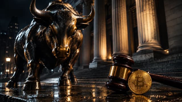 A bronze bull statue in front of courthouse columns at night, a gavel and a gold Bitcoin coin on wet stone