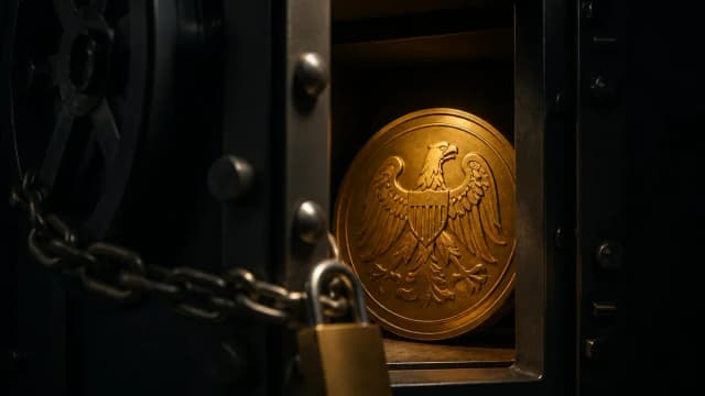 Goldene Münze mit Adler in einem Tresor, davor Kette mit Vorhängeschloss