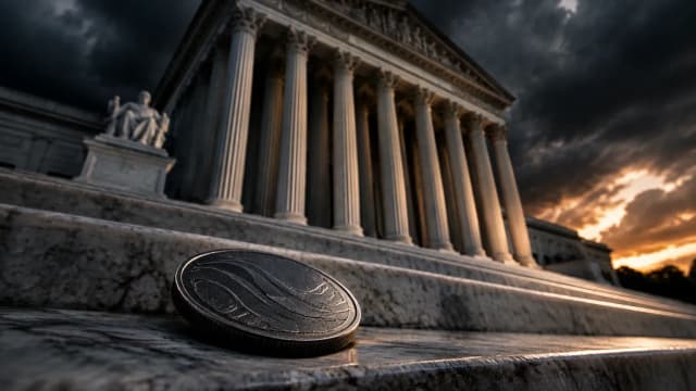 A dark silver coin on the marble steps of a columned government building under storm clouds